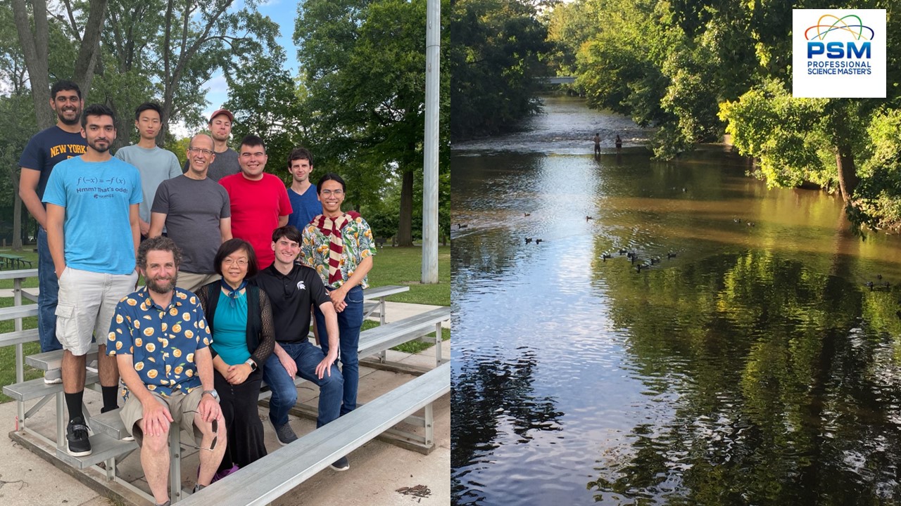 A photo collage of two photos. One featuring MSIM students, Peiru Wu, Keith Promislow, and Jeffrey Schenker sitting on a bench. The second photo is a serene view of the Red Cedar River with ducks.