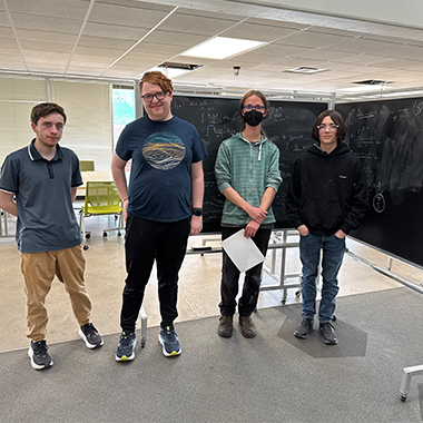 Finalists of the 2026 Integration Bee. Pictured from L to R: Gavin O'Malley, Logan Bagdade, Erik Brodsky and Cameron Oberg.