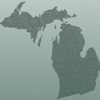 Picture of State of Michigan filled with abstract mathematical artwork on a green gradient background